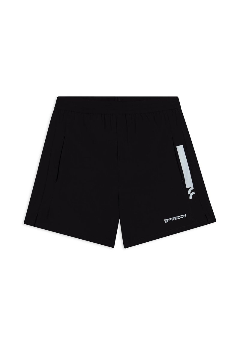 Pantaloni sportivi neri con una texture liscia, dotati di tasche laterali e un accento riflettente su un lato. Logo del marchio visibile sull'orlo.