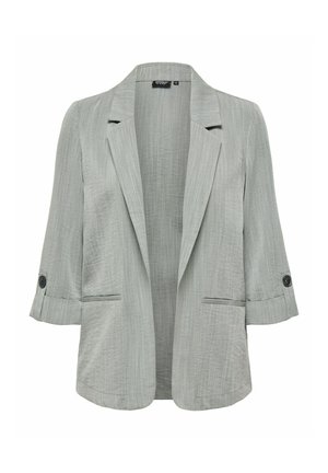 Svetlo sivi ženski blazer s 3/4 rokavi, z gumbnimi zankami, z izrezanimi reverji in sprednjimi žepi z režami, odprt sprednji dizajn.