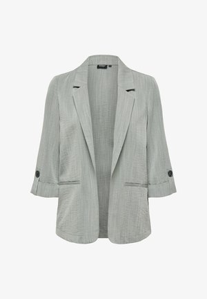 Svetlo sivi ženski blazer s 3/4 rokavi, z gumbnimi zankami, z izrezanimi reverji in sprednjimi žepi z režami, odprt sprednji dizajn.