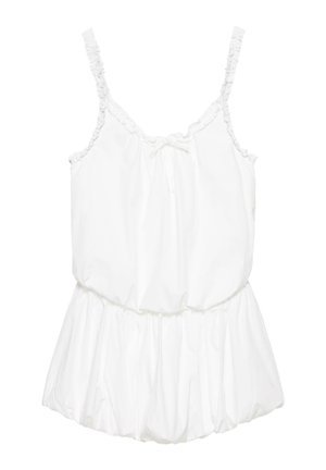 Weißer ärmelloser Jumpsuit mit dünnen, gerafften Trägern, elastischem Bund und einer Schleife am Ausschnitt.