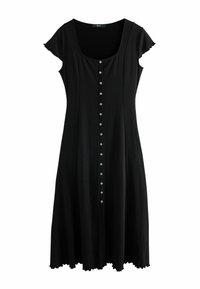 Černé šaty vyrobené z žebrované látky, s čtvercovým výstřihem, krátkými rukávy, zapínáním na knoflíky vpředu a vlnitým lemem.