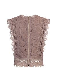 Haut en dentelle dans un mauve atténué avec des motifs floraux, des bords festonnés et une fermeture éclair centrale. Texture détaillée à travers le tissu.