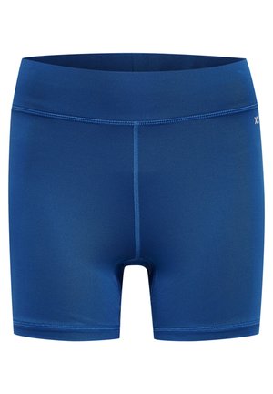 Niebieskie sportowe szorty wykonane z elastycznego, odprowadzającego wilgoć materiału. Posiadają szeroki pas, dopasowany krój i kontrastowe szwy.