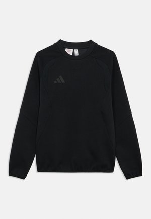 Sweat-shirt noir à col rond, manches longues, avec un design texturé sur les épaules. Présente un logo discret sur la poitrine.