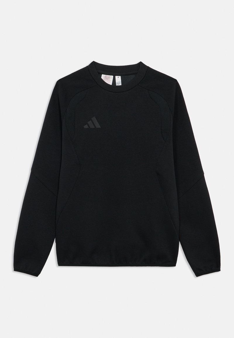 Μαύρο φούτερ με στρογγυλή λαιμόκοψη, μακριά μανίκια και ανάγλυφο σχέδιο στους ώμους. Διαθέτει διακριτικό λογότυπο στο στήθος.