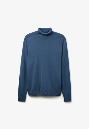 Blå turtlenecktröja i mjukt stickat tyg, med ribbade mudd och fåll, med en avslappnad passform och minimalt sömnadsdetaljer.