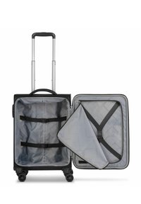 Maleta negra con asa retráctil, cuatro ruedas y un interior gris. Cuenta con correas ajustables y un bolso de almacenamiento desmontable.