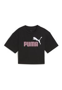 Black short-sleeve cropped t-shirt made of cotton, featuring a large pink "PUMA" logo and a white leaping puma graphic on the front.