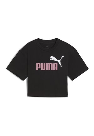 Čierne kratučké tričko s krátkymi rukávmi z bavlny, s veľkým ružovým logom "PUMA" a bielou skáčucou grafikou pumy na prednej strane.