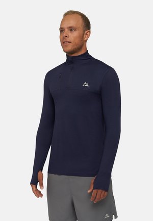 Navy quarter-zip pulloveri, jossa on pitkät hihat, valmistettu sileästä kankaasta. Sisältää rintataskun ja logoyksityiskohdan vasemmalla puolella.