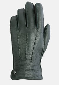Grön läderhandske med sydda detaljer på baksidan, slät yta och en dekorativ metalldetalj nära handleden.