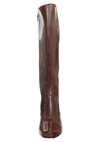 Stivale marrone in pelle, alto fino al ginocchio, con superficie liscia, punta arrotondata e zipper laterale per una facile calzata. Suola piatta per il comfort.