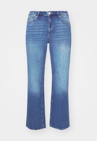 Zilas džinsa bikses ar pogu un rāvējslēdzēja aizdari, priekšējām kabatām un maigām paplašinājuma malām apakšā.