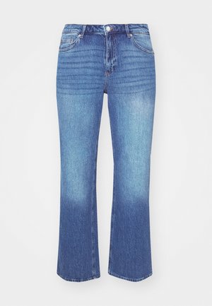 Denim teksad heledast kuni keskmise sinise gradientiga. Omab sirge lõikega sääri, viit taskut ja õmblustega kaunistusi õmbluste ääres.