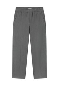 Grijze rechte broek met elastische tailleband en zijzakken, gemaakt van textuurstof.