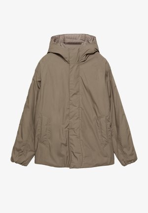 Bež jakna s kapuljačom, napravljena od lagane tkanine, s elastičnim manžetama, dva bočna džepa i glatkom, podstavljenom unutrašnjosti.