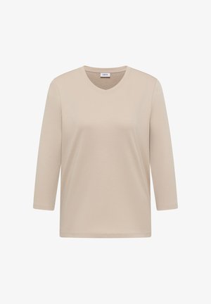 Beige v-pääntie t-paita, joka on valmistettu pehmeästä kankaasta, jossa on kolme neljänneksen pituiset hihat ja rento istuvuus, sileällä pinnalla.