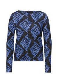 Langarm-Pullover mit einem geometrischen Muster in Blau und Schwarz, aus einem strukturierten Strickstoff gefertigt, mit einem runden Ausschnitt und geradem Saum.