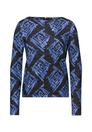 Een langemouwen sweater met een geometrisch blauw en zwart patroon, gemaakt van een textuurgebreide stof met een ronde halslijn en een rechte zoom.