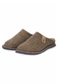 Pantofole slip-on in felt marrone con punta arrotondata, suola grigia e cuciture a contrasto viola. Presentano un'etichetta in pelle sul lato.