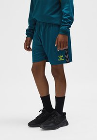Nedre delen av en person som bär turkosa sportshorts med hummel-logotyp, svarta strumpor och svarta sneakers, stående på en enfärgad bakgrund.