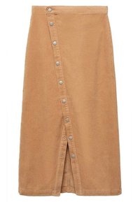 Gonna midi in corduroy color beige con chiusura frontale a bottoni e spacco. Presenta una texture a righe verticali e bottoni in tono silver.