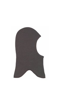 Grå strikket balaclava med blød tekstur og rund top, med åbninger til ansigtet og halsen. Designet til varme og dækning.