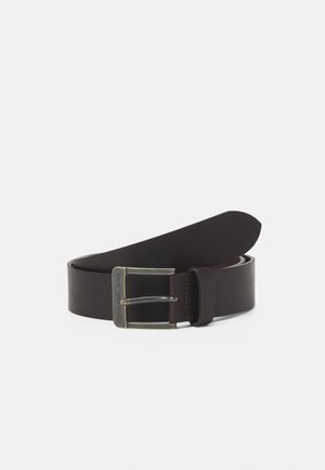 Brown leather belt with a smooth texture, silver metal buckle, and engraved logo detail. Classic design with a straight, flat shape.