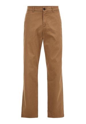 Barna pamut nadrág egyenes szabással, egy gombos záródással és klasszikus zsebekkel, sima textúrával és tűzött szegéssel.