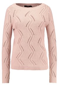 Lichtroze gebreide trui met een golfpatroon, lange mouwen en een geribbelde zoom. Het heeft openwork-details over de hele trui.