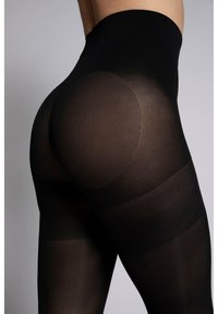 Leggings neri con una vita alta, texture trasparente nella parte superiore e sezioni opache nella parte inferiore con un design a coste.