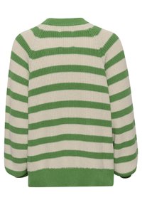 Maglione lavorato a maglia con strisce orizzontali verdi e crema. Dotato di un collo rotondo e maniche lunghe con orlo verde a coste. Tessuto con texture.