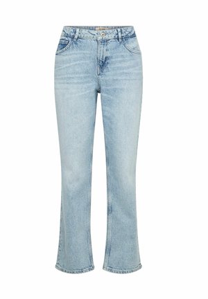 Light blue high-waist denim jeans with a straight leg, front button and zipper closure, two front pockets, and belt loops.