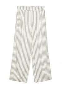 Široké kalhoty z lehké tkaniny s vertikálními pruhy v jemné krémové a šedé barvě, s páskem na knoflík a sklady v přední části.