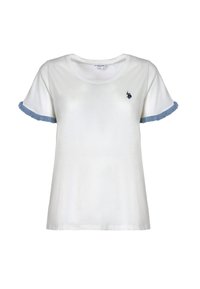 T-shirt bianca in cotone con maniche corte, caratterizzata da dettagli frangiati in denim blu alle estremità delle maniche e un piccolo logo ricamato sul petto.