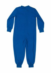 Tuta in felpa blu con maniche lunghe, polsini a coste e colletto. Presenta una texture liscia e un design con schiena diritta.