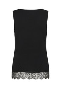 Haut noir sans manches avec un décolleté droit et une bordure en dentelle noire transparente à l’ourlet, présenté sur fond blanc.