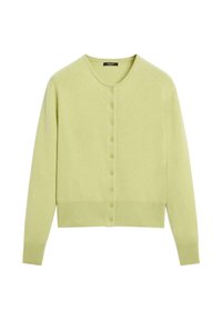 Cardigan verde chiaro con scollo tondo, dotato di chiusura a bottoni, maniche lunghe e orlo e polsini a costine. Texture morbida.