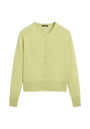 Cardigan vert clair avec un col rond, présentant une fermeture à boutons sur le devant, des manches longues, et des bords et poignets côtelés. Texture douce.