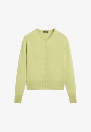 Cardigan vert clair avec un col rond, présentant une fermeture à boutons sur le devant, des manches longues, et des bords et poignets côtelés. Texture douce.