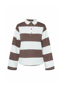 Brun og hvid stribet langærmet polo skjorte lavet af struktureret stof, med en to-knaps placket og en flad krave.