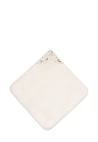 Katoenen baby badcape in lichtbeige met een gebloemde capuchon met bomen en huizen. Zachte textuur, vierkante vorm, lus om op te hangen.