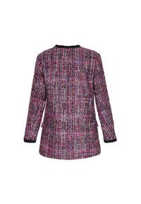 Vihreä ja vaaleanpunainen tweed-takki, jossa on monivärinen kuvio, teksturoitu pinta ja musta viimeistely kauluksessa ja hihoissa.