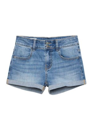 Blaue Jeansshorts mit aufgekrempelten Bündchen, Vorderentaschen, Gürtelschlaufen und doppeltem Metallknopfverschluss am Bund.
