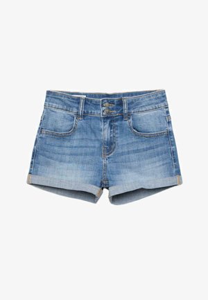 Blå denimshorts med optrukkede kanter, forlommer, bæltestropper og dobbelt metallisk knaplukning i taljen.