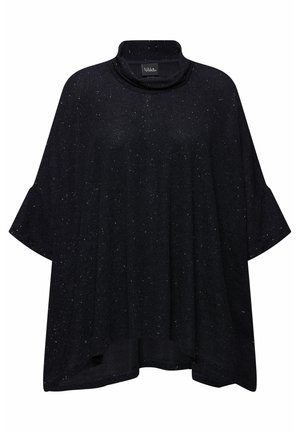 Poncho negro con cuello alto, hecho de un tejido texturizado con motas plateadas. Corte relajado con mangas amplias y un dobladillo con forma de onda.
