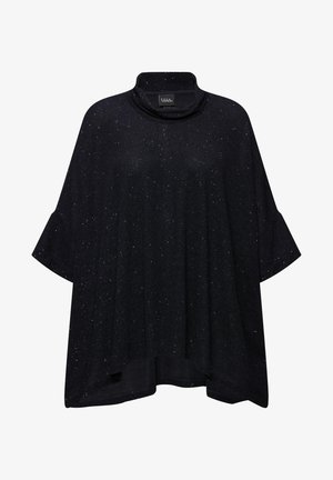Czarny ponczo z wysokim kołnierzem, wykonane z teksturowanej tkaniny z srebrnymi drobinkami. Luźny krój z szerokimi rękawami i falbaniastym dołem.