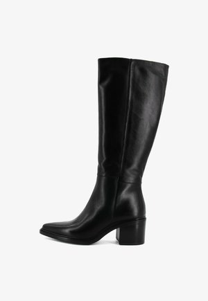 Stivali neri in pelle al ginocchio con punta squadrata, tacco a blocco, texture liscia e dettagli di cucitura minimi.