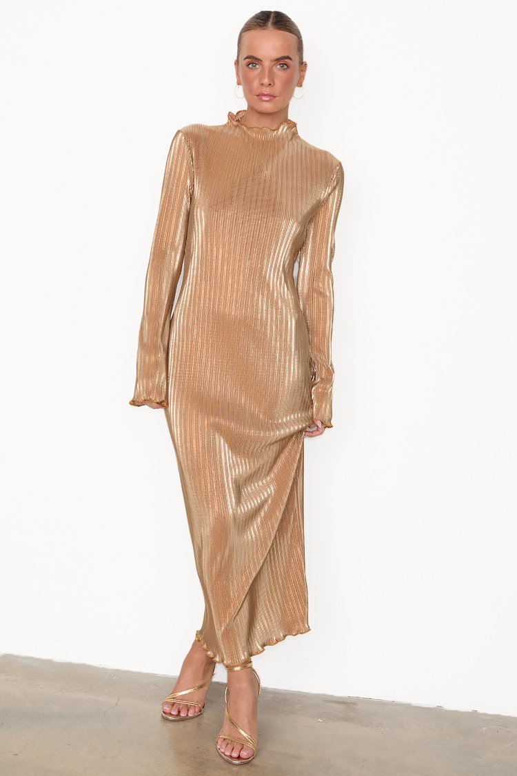 never fully dressed gold dress Women's Gold Metallic Ribbed Dress in - size L