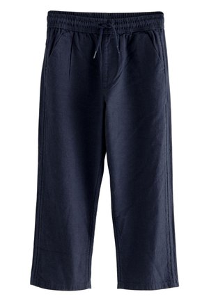 Pantaloni blu navy, dalla vestibilità ampia, realizzati in tessuto leggero. Caratterizzati da una cintura elastica con coulisse regolabile e tasche laterali.